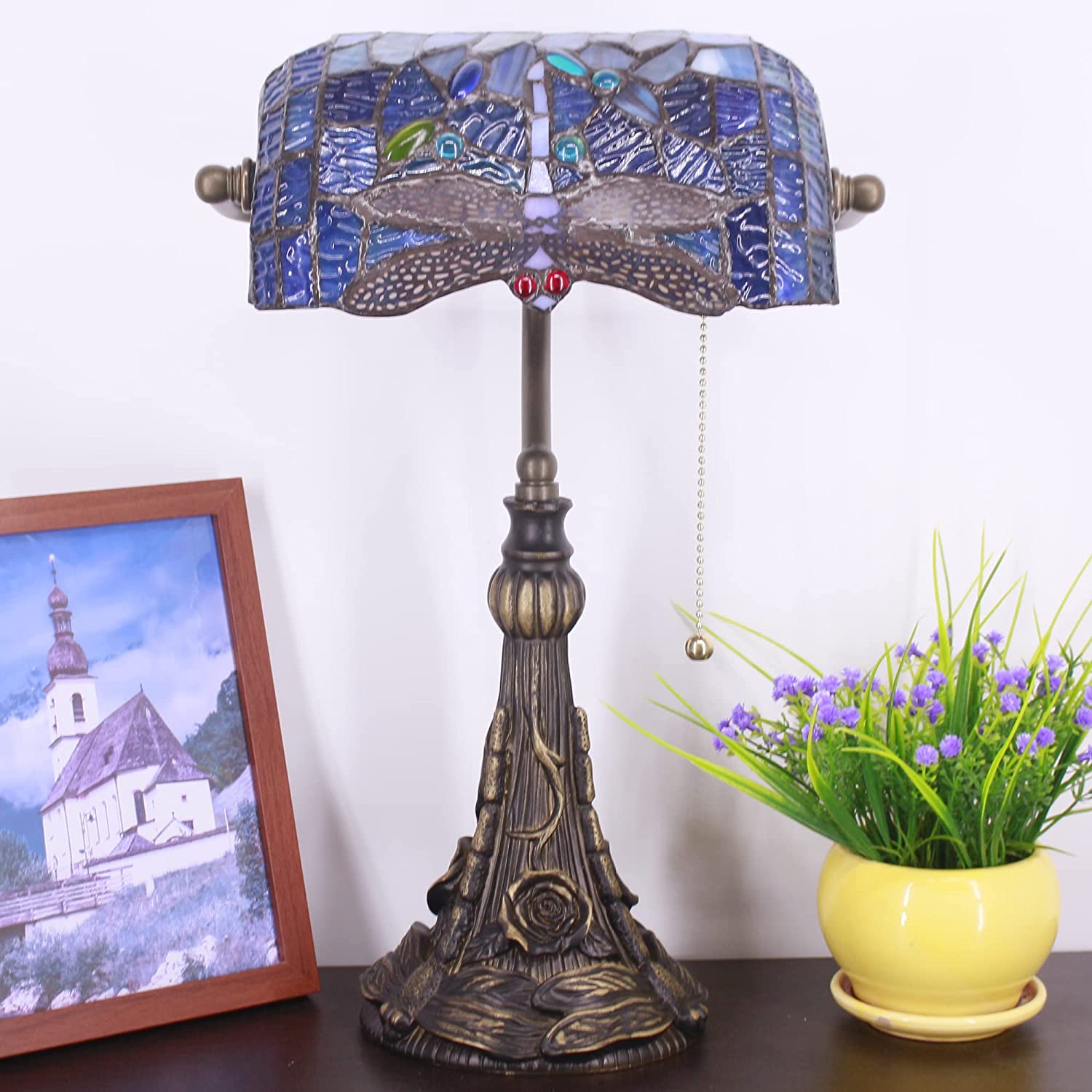 Werfactory® Banker Lamp Tiffany Desk Lamp Navy Blue Dragonfly Style Stained Glass Table Lamp 15" Tall