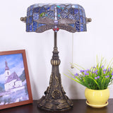 Werfactory® Banker Lamp Tiffany Desk Lamp Navy Blue Dragonfly Style Stained Glass Table Lamp 15" Tall