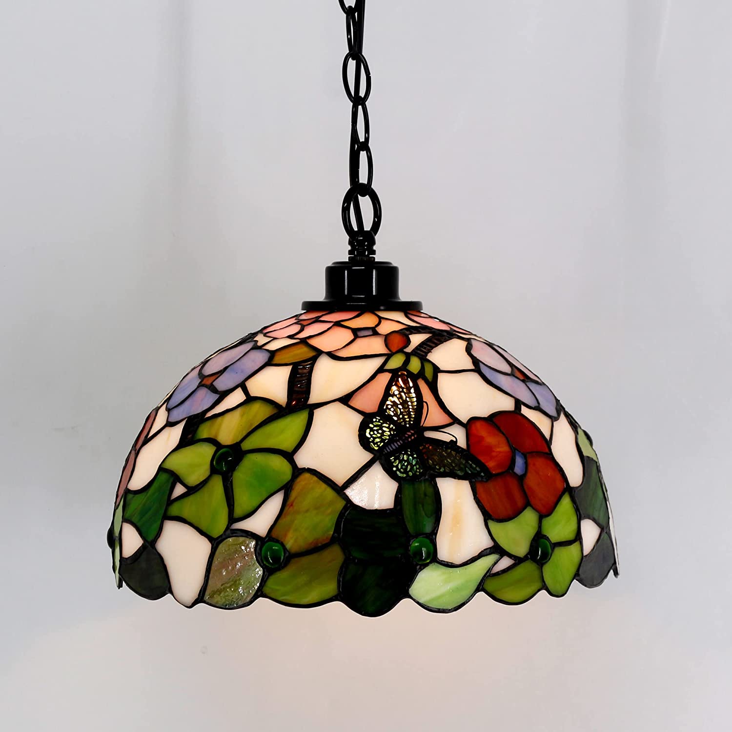 Werfactory® Tiffany Pendant Light 12 Inch Green Butterfly Style Stained Glass Chandelier