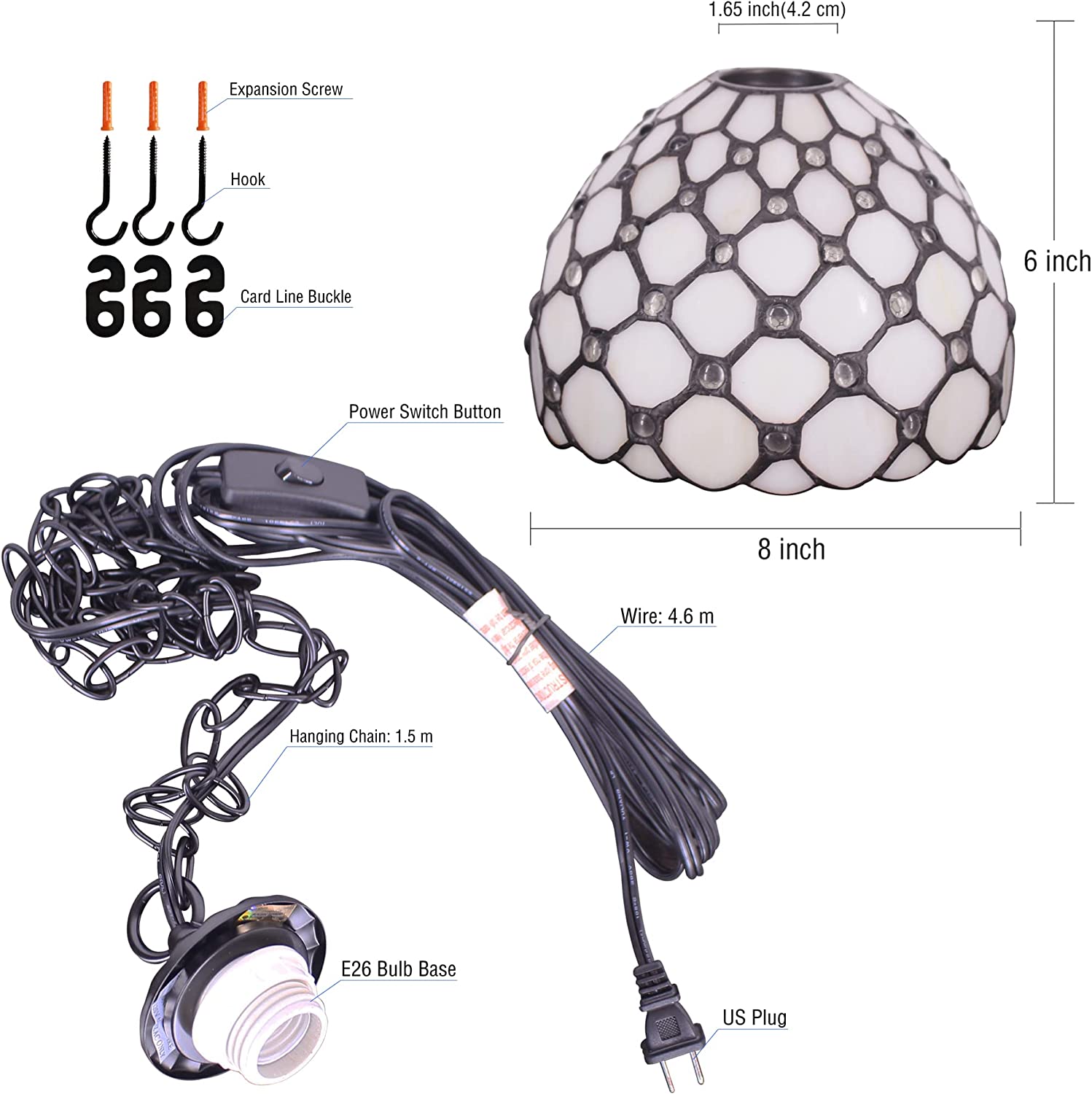 Werfactory® Tiffany Pendant Light with W8H7 Inch Crystal Beads White Stained Glass Hanging Lamp