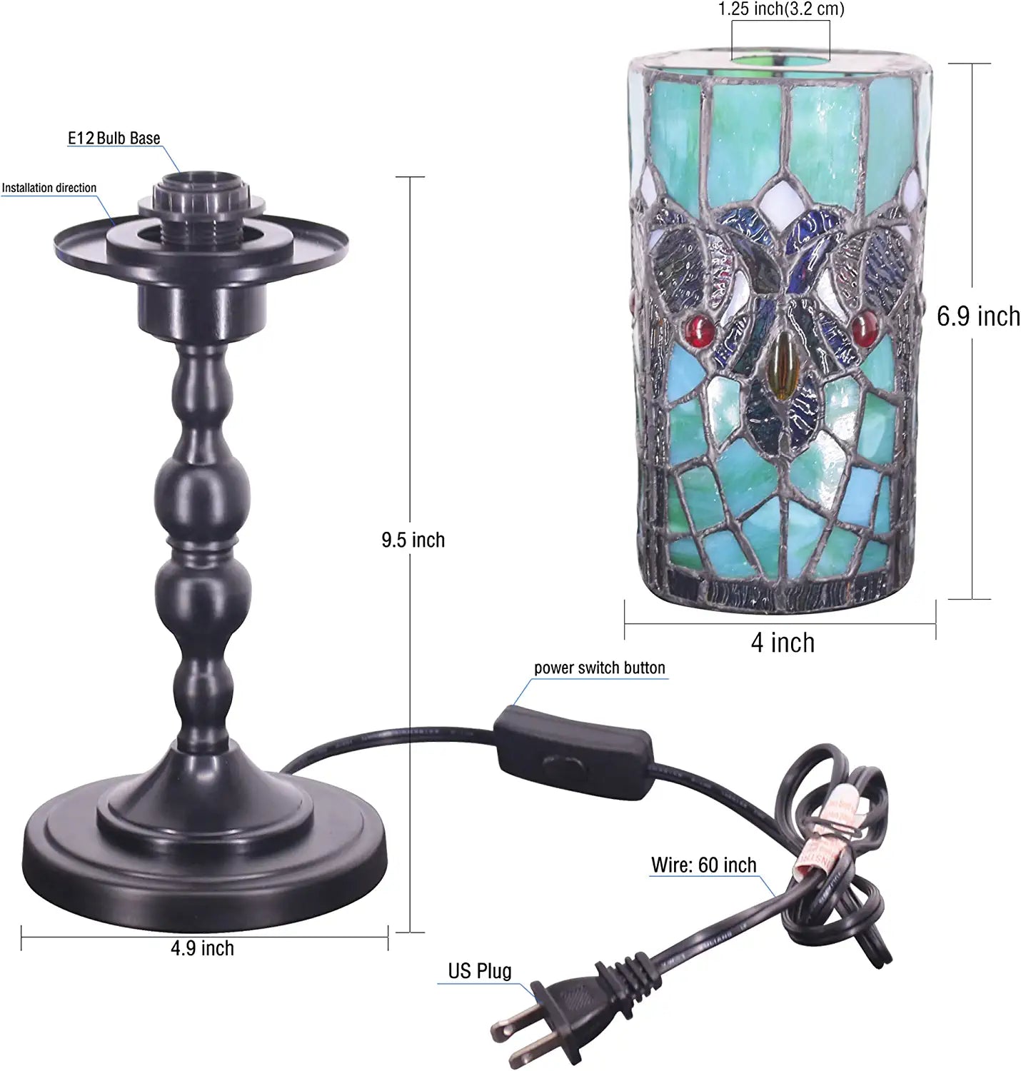 WERFACTORY Small Tiffany Lamp Mini Stained Glass Table Lamp Wide 4 Tall 15 Inch Green Victorian Style Rustic Night Light