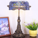 Werfactory® Banker Lamp Tiffany Desk Lamp Navy Blue Dragonfly Style Stained Glass Table Lamp 15" Tall