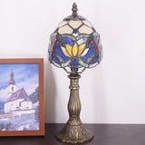 Werfactory® Small Tiffany Lamp Blue Stained Glass Lotus Style Table Lamp, 14" Tall