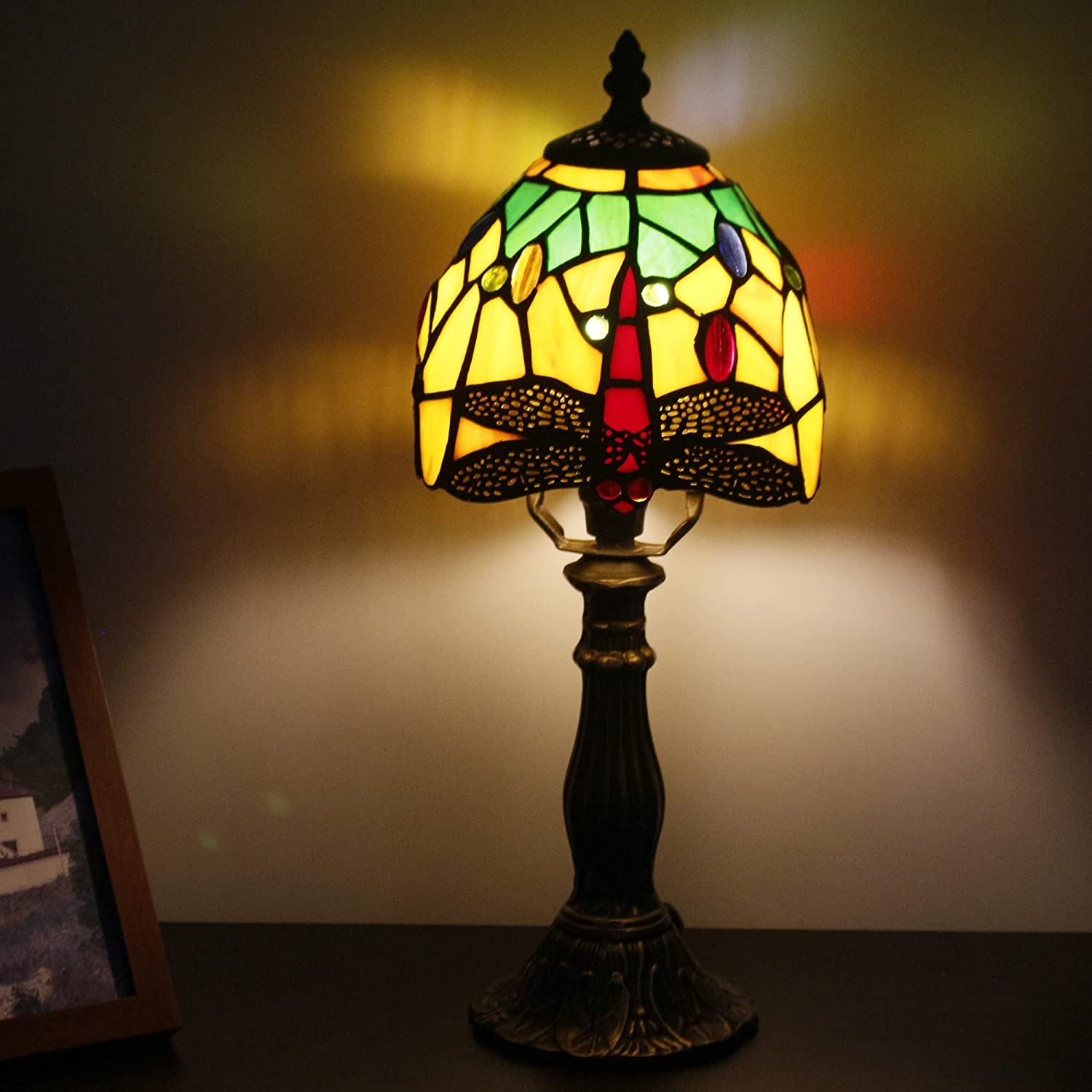 Werfactory® Small Tiffany Lamp Dragonfly Style Green Stained Glass Table Lamp, 14" Tall