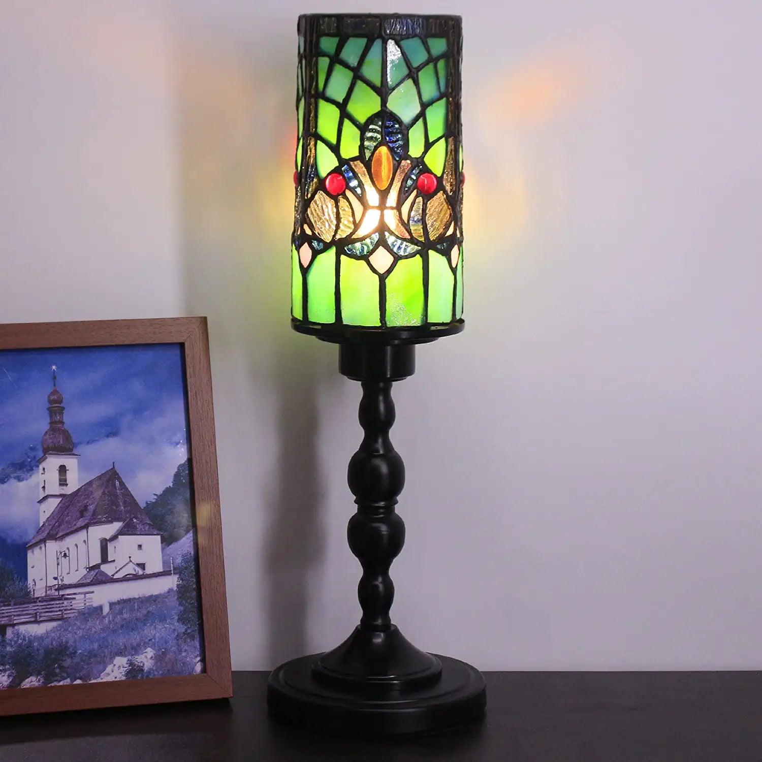 WERFACTORY Small Tiffany Lamp Mini Stained Glass Table Lamp Wide 4 Tall 15 Inch Green Victorian Style Rustic Night Light