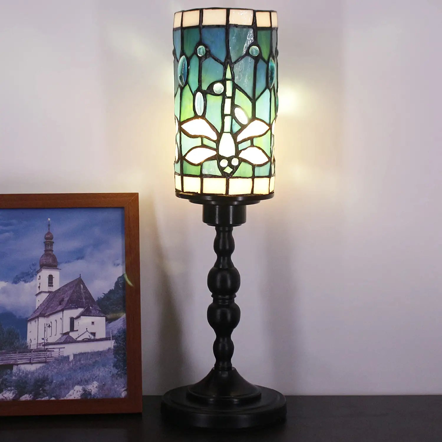 WERFACTORY Small Tiffany Lamp Mini Stained Glass Table Lamp Wide 4 Tall 15 Inch Green Blue Dragonfly Style Rustic Night Light