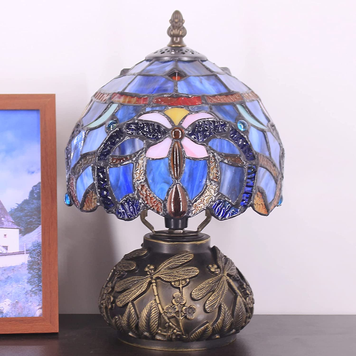 Werfactory® Small Tiffany Table Lamp with 8" Stained Glass Cloudy Style Shade, 11" Tall