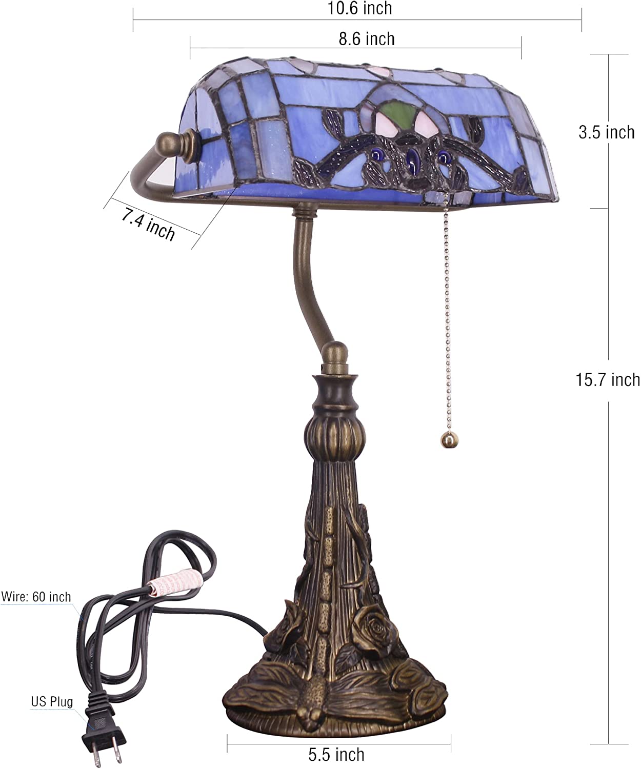 Werfactory® Banker Lamp Tiffany Desk Lamp Baroque Style Stained Glass Table Lamp, 15" Tall
