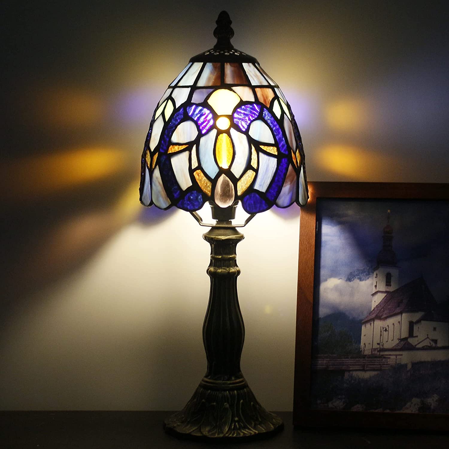 Werfactory® Small Tiffany Lamp Cloudy Style Stained Glass Table Lamp, 14" Tall