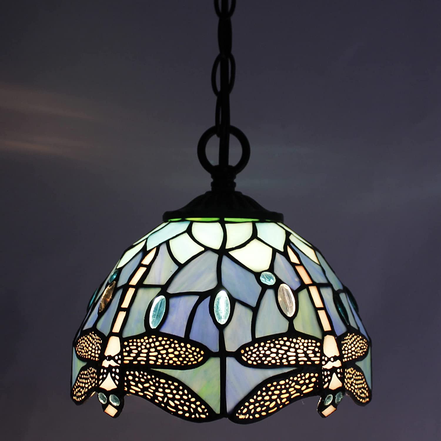 Werfactory® Tiffany Pendant Light Green Stained Glass Dragonfly Style Shade Hanging Lamp
