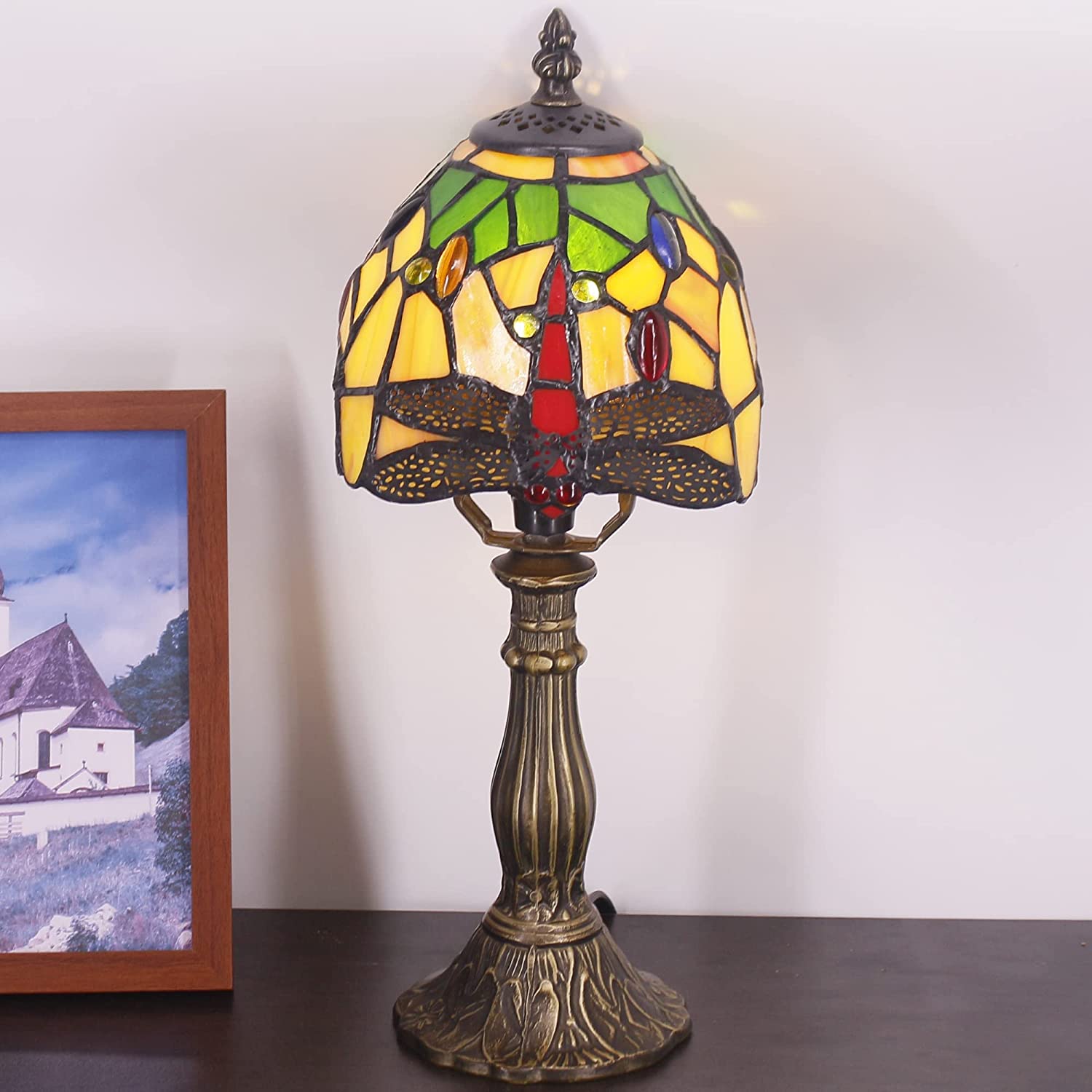 Werfactory® Small Tiffany Lamp Dragonfly Style Green Stained Glass Table Lamp, 14" Tall