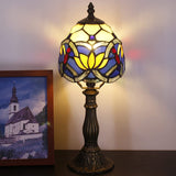 Werfactory® Small Tiffany Lamp Blue Stained Glass Lotus Style Table Lamp, 14" Tall