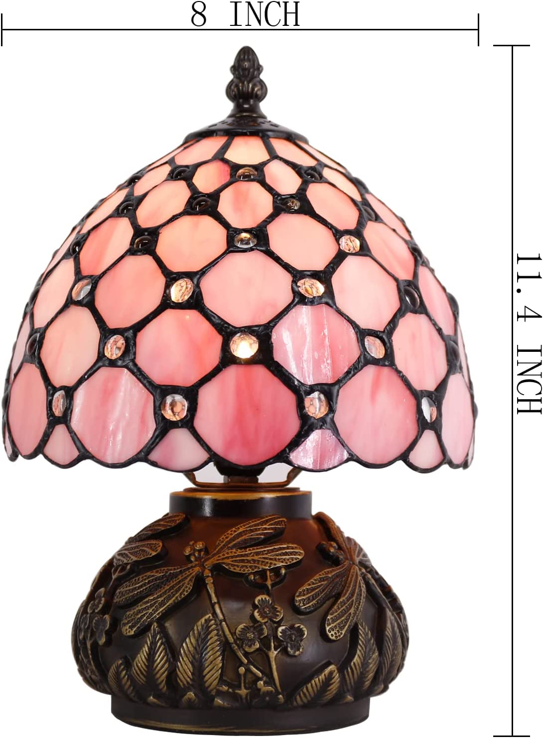 WERFACTORY Small Tiffany Lamp W8H11 Inch bead Stained Glass Table Lamp Bronze Mushroom Resin Base Mini Accent Lamp Decor Bedroom (Pink Bead)
