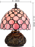 WERFACTORY Small Tiffany Lamp W8H11 Inch bead Stained Glass Table Lamp Bronze Mushroom Resin Base Mini Accent Lamp Decor Bedroom (Pink Bead)