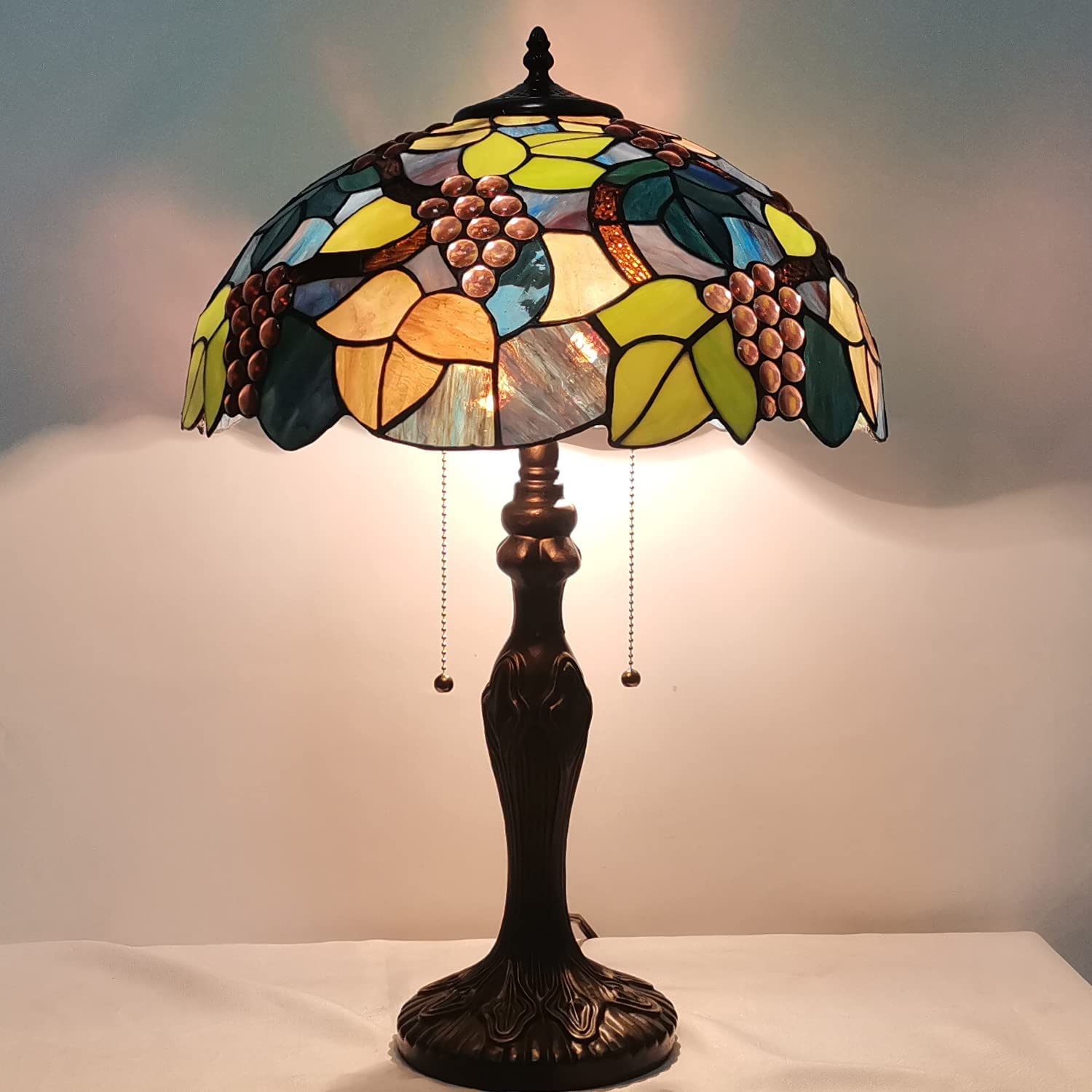 Werfactory® Tiffany Table Lamp Green Stained Glass Grapes Style Handmade Reading Lamp