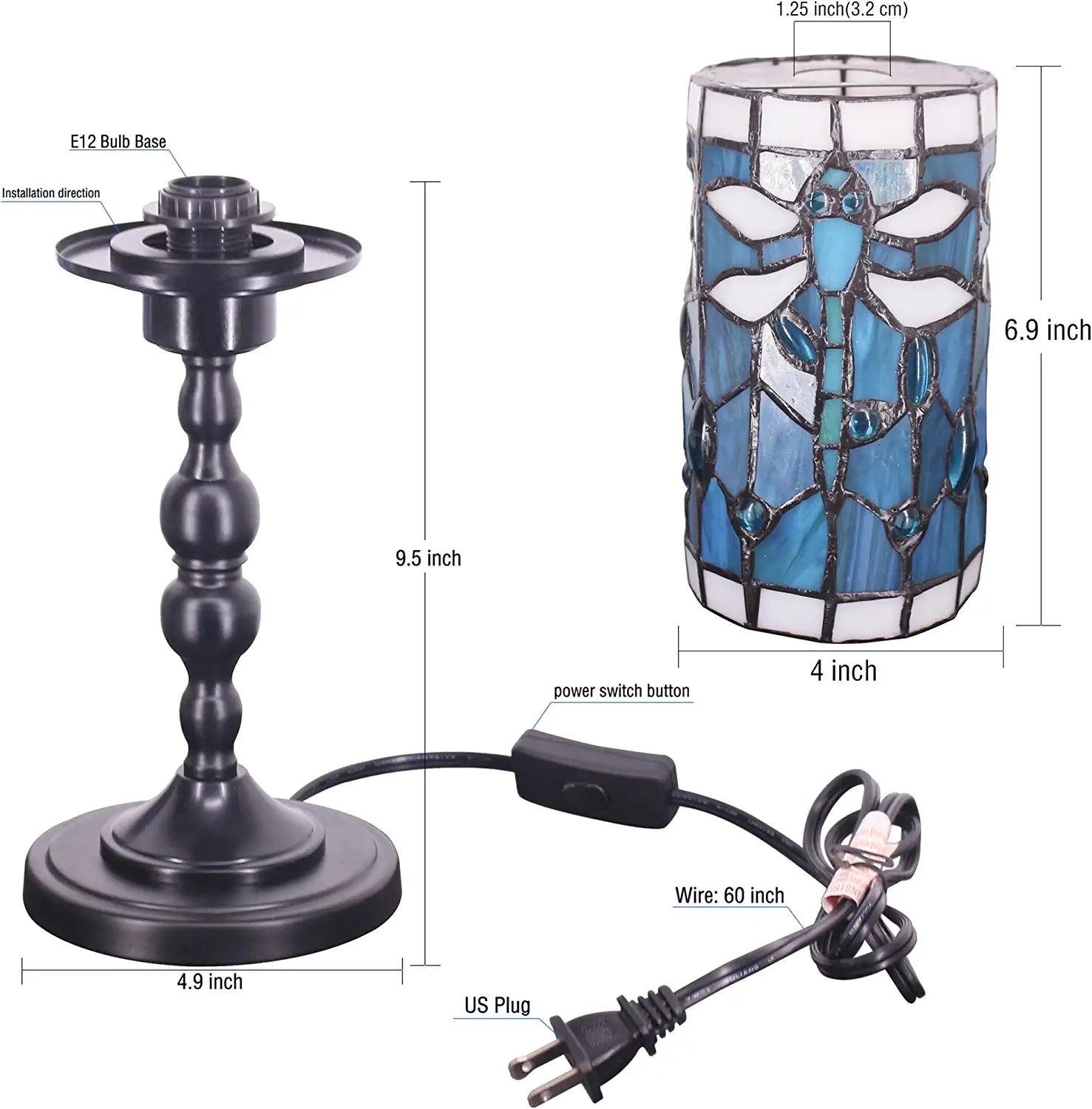 WERFACTORY Small Tiffany Lamp Mini Stained Glass Table Lamp Wide 4 Tall 15 Inch Green Blue Dragonfly Style Rustic Night Light