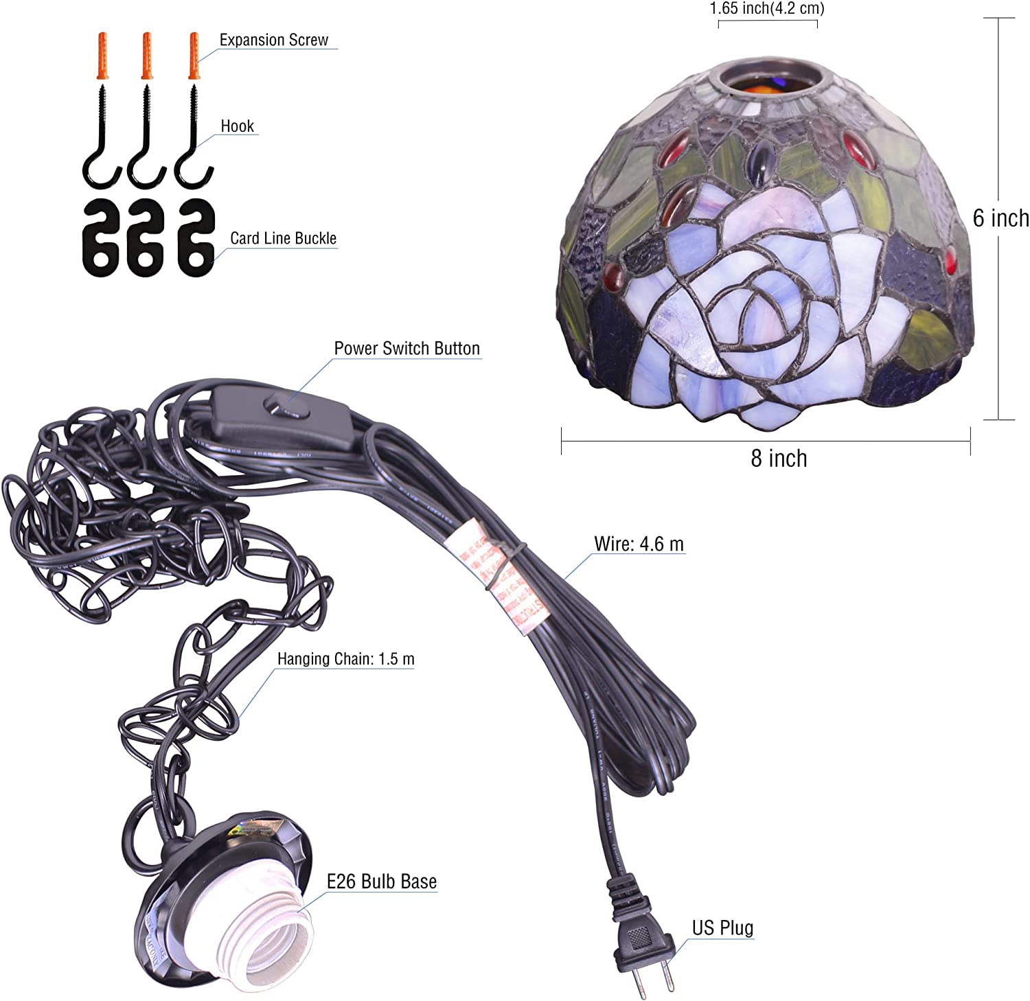 Werfactory Tiffany Pendant Light with W8H7 Inch Stained Glass Rose Shade Hanging Lamp