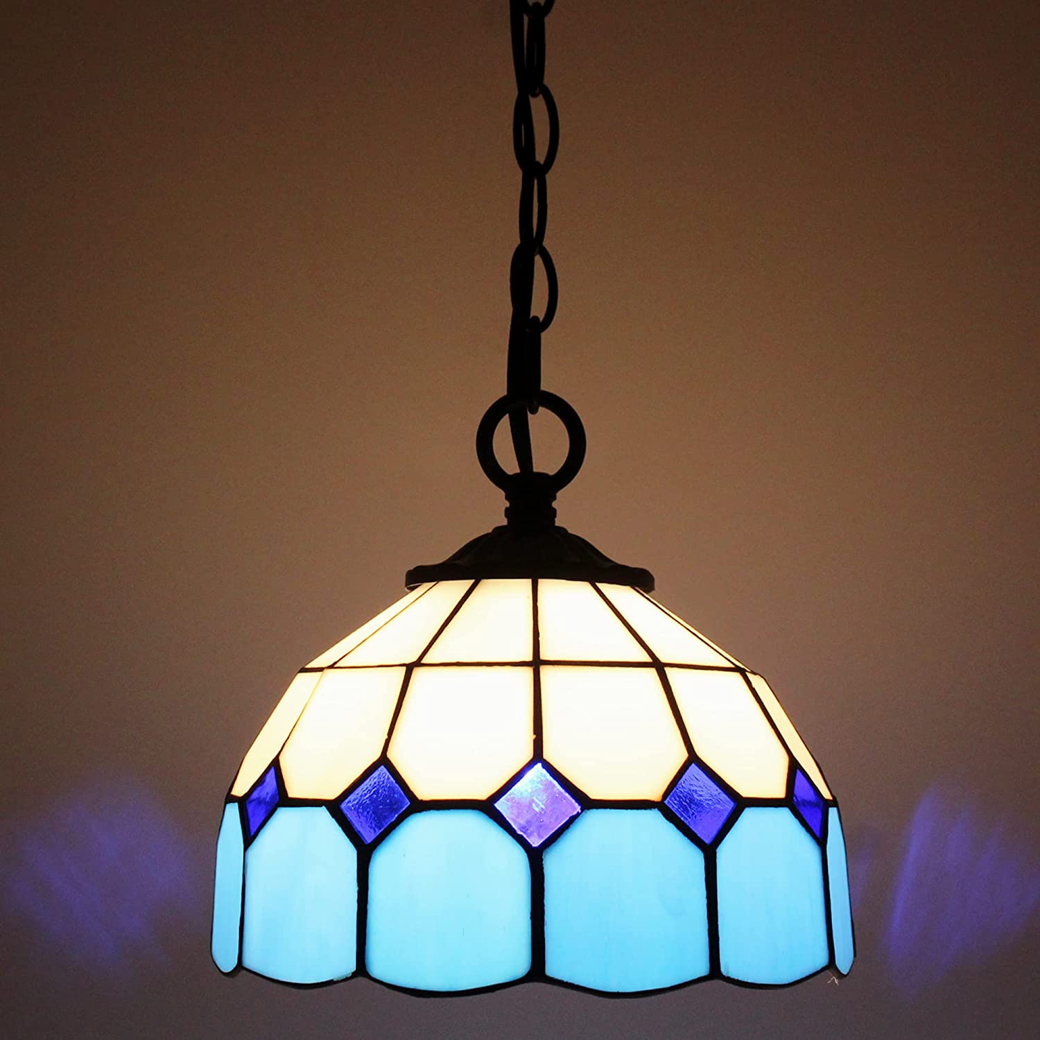 Tiffany Pendant Light with 8 Inch Blue Stained Glass Style Shade Hanging Lamp