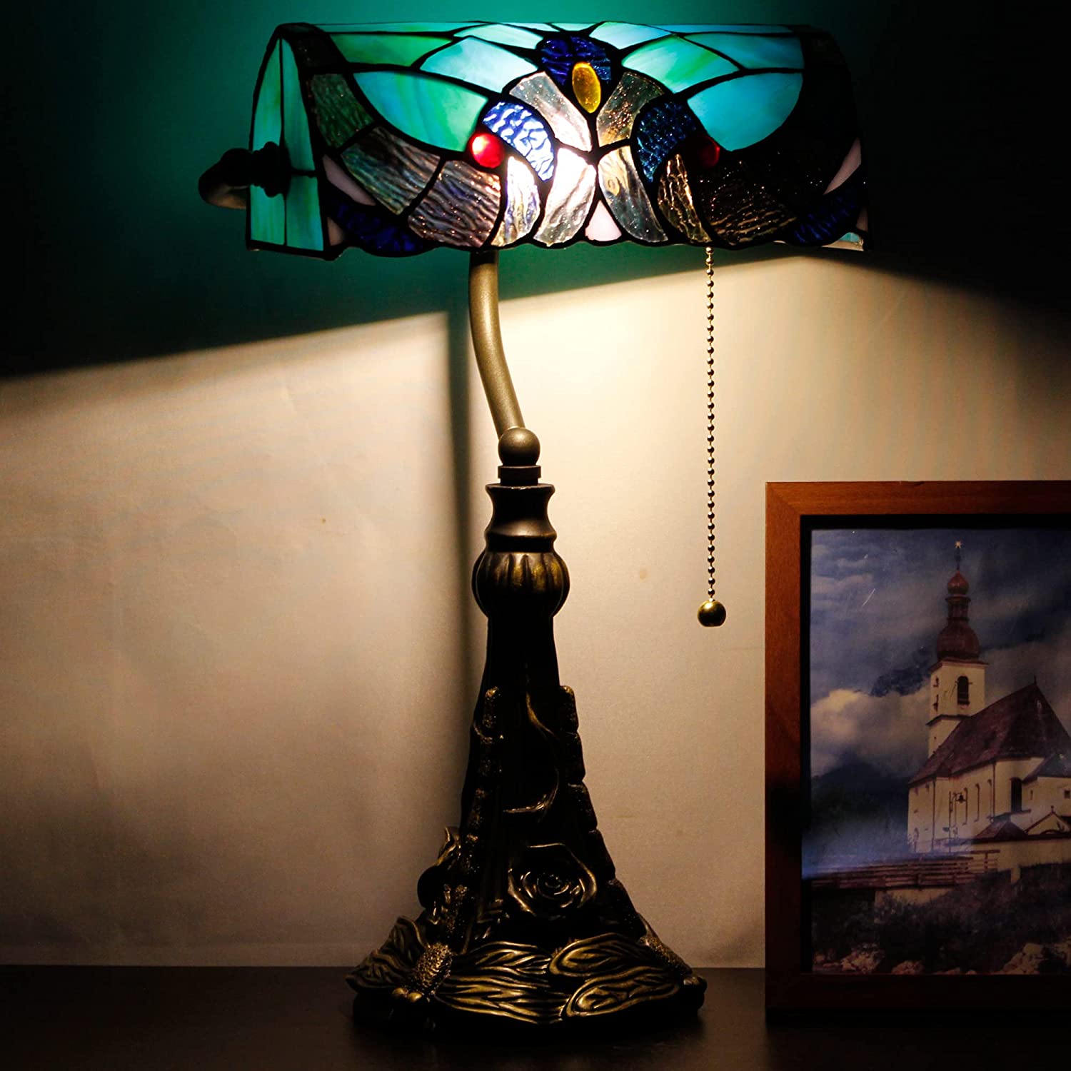Werfactory® Banker Lamp Tiffany Desk Lamp Victorian Style Green Stained Glass Table Lamp, 15" Tall