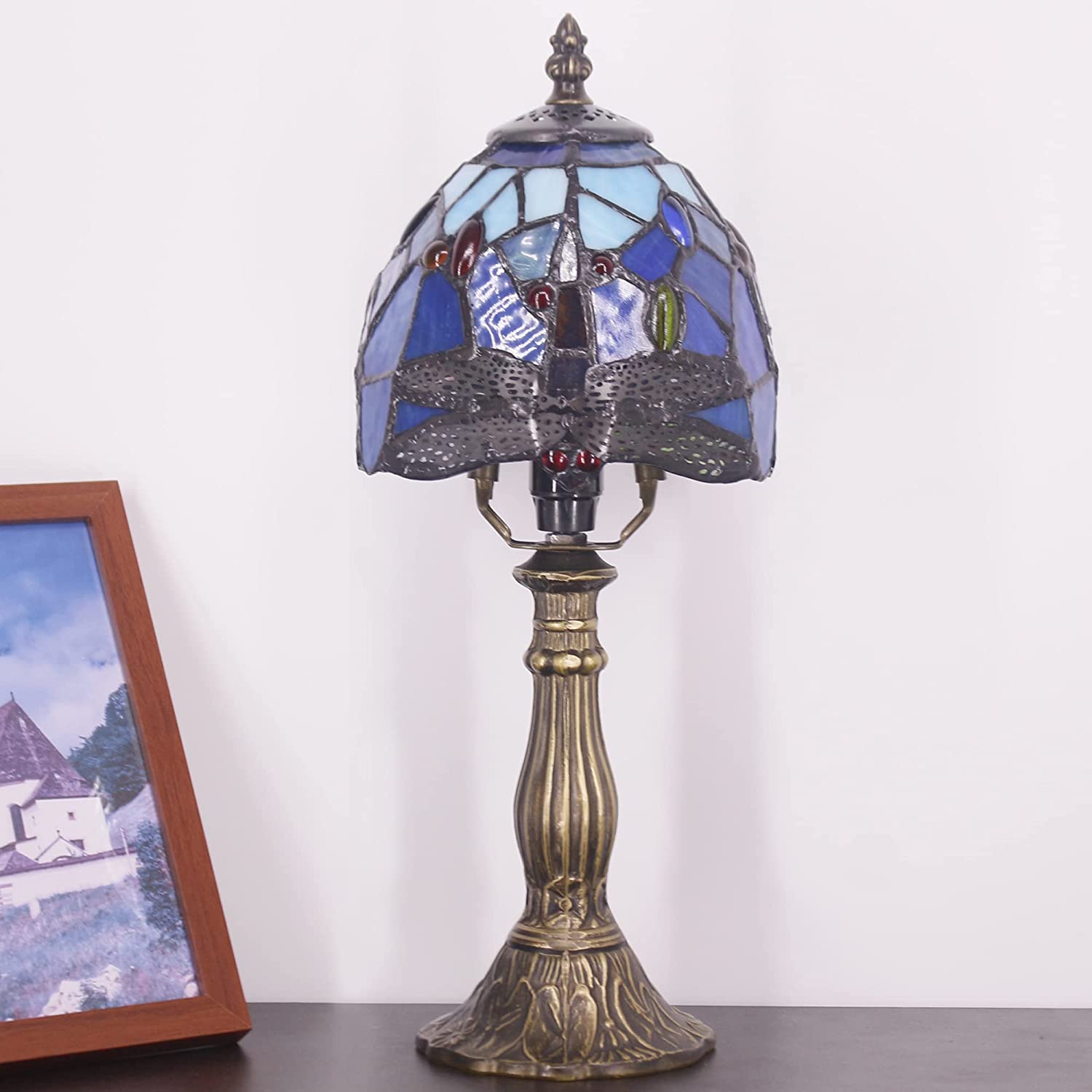 Werfactory® Small Tiffany Lamp Stained Glass Table Lamp Blue Dragonfly Style 14" Tall