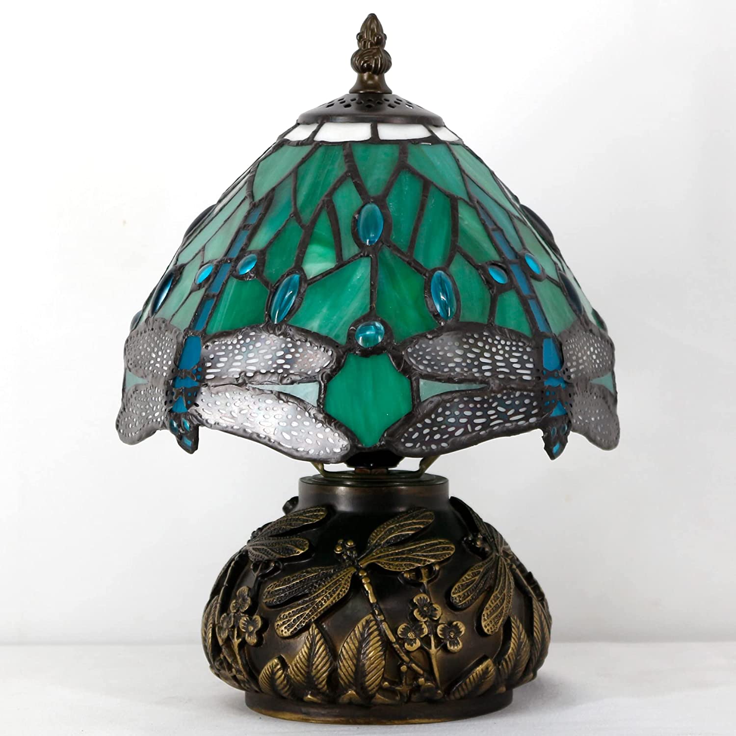 Werfactory® Tiffany Table Lamp Green Dragonfly Style Stained Glass Lamp Mushroom Lamp