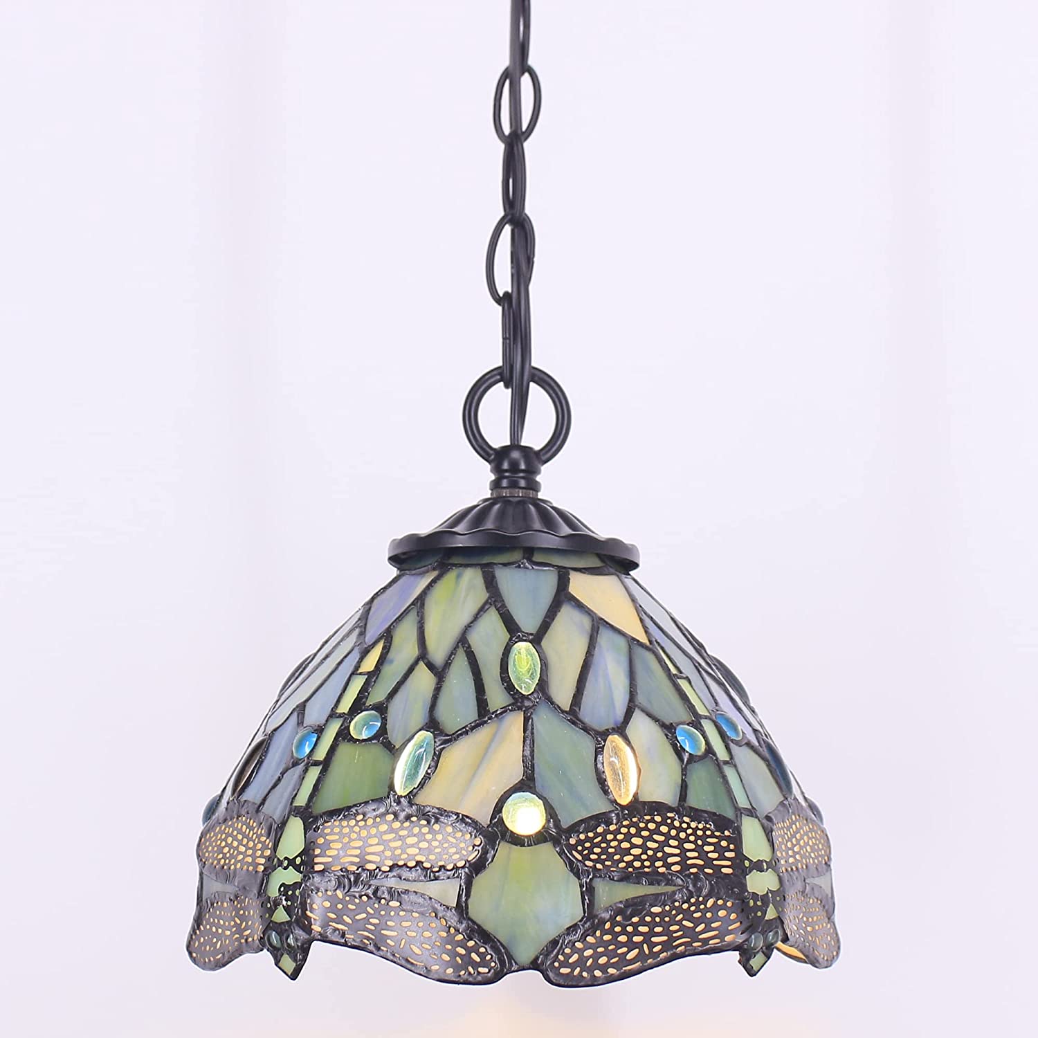 Werfactory® Tiffany Pendant Light Sea Blue Stained Glass Dragonfly Style Wide 8 Inch Hanging Lamp