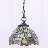 Werfactory® Tiffany Pendant Light Sea Blue Stained Glass Dragonfly Style Wide 8 Inch Hanging Lamp