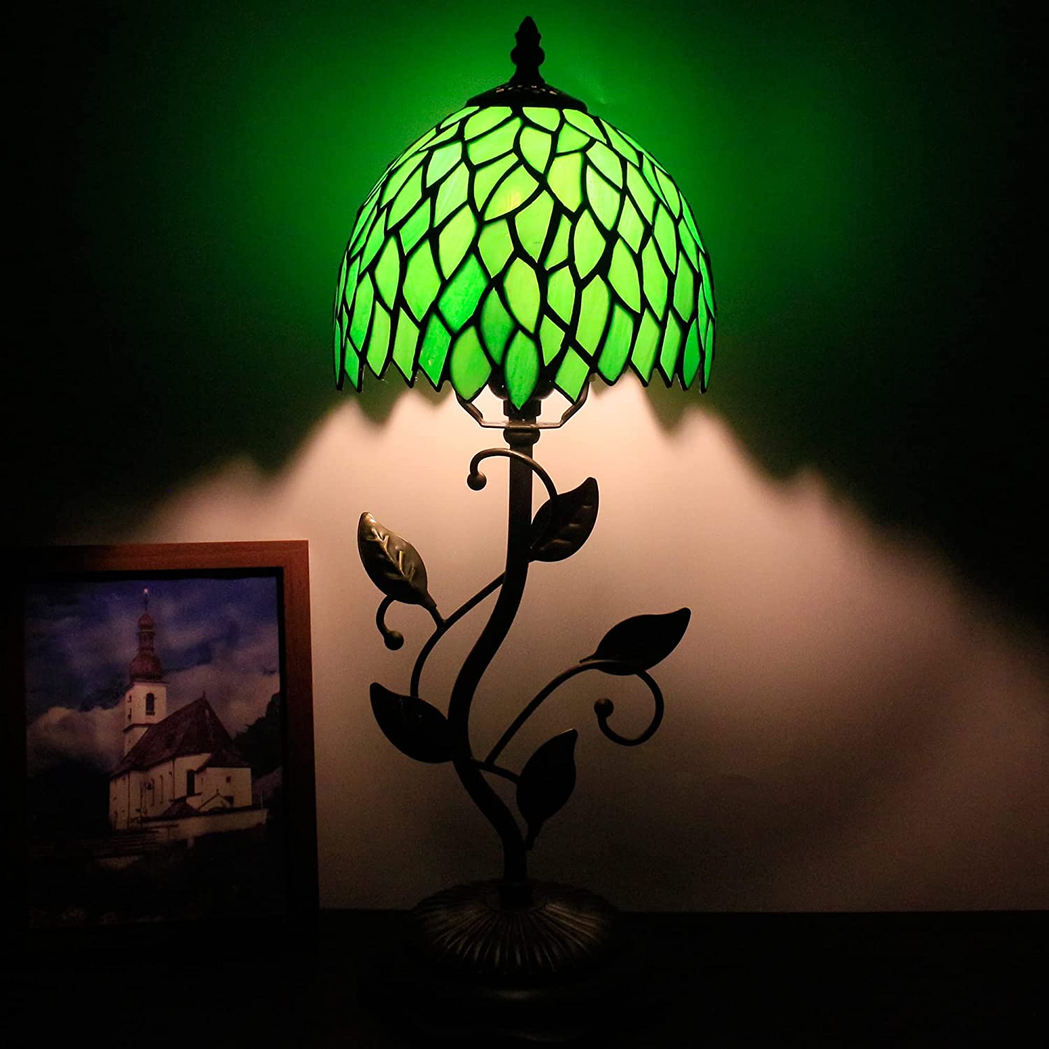 Werfactory® Tiffany Night Light Green Leaves Style Stained Glass Leaf Base Table Lamp