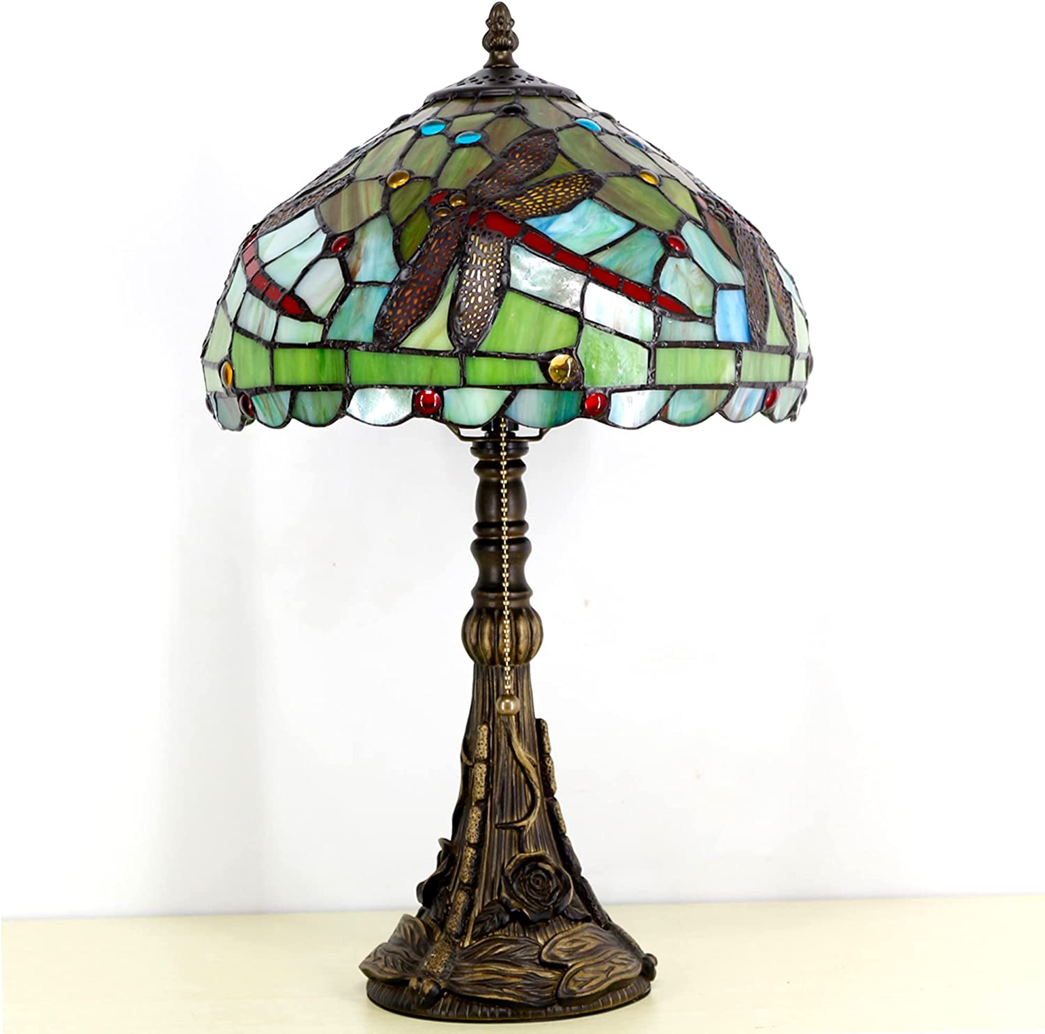 Werfactory® Tiffany Table Lamp Green Yellow Stained Glass Dragonfly Style Handmade Reading Lamp