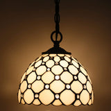 Werfactory® Tiffany Pendant Light with W8H7 Inch Crystal Beads White Stained Glass Hanging Lamp