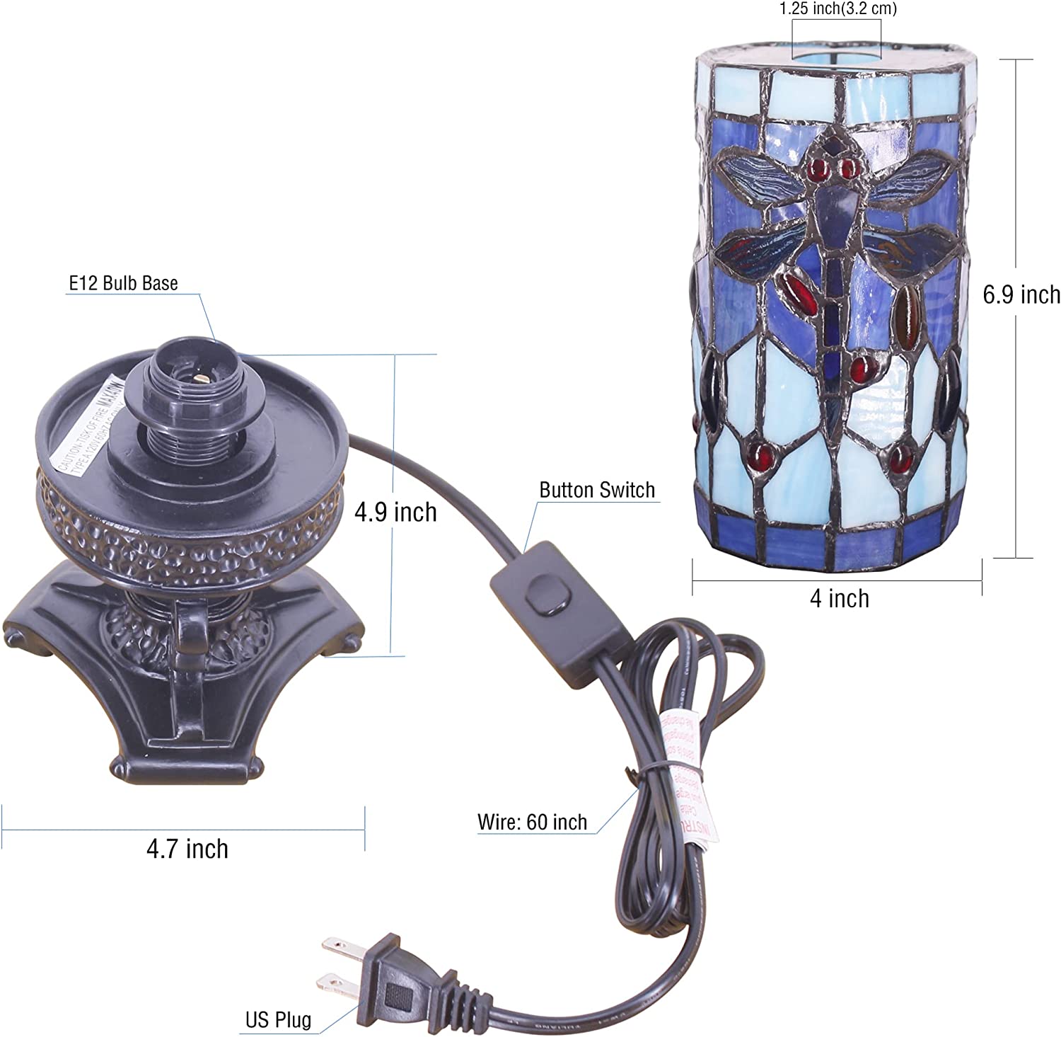 WERFACTORY Small Tiffany Lamp Mini Stained Glass Table Lamp Wide 4 Tall 10 Inch Blue Dragonfly Style Desk Night Light