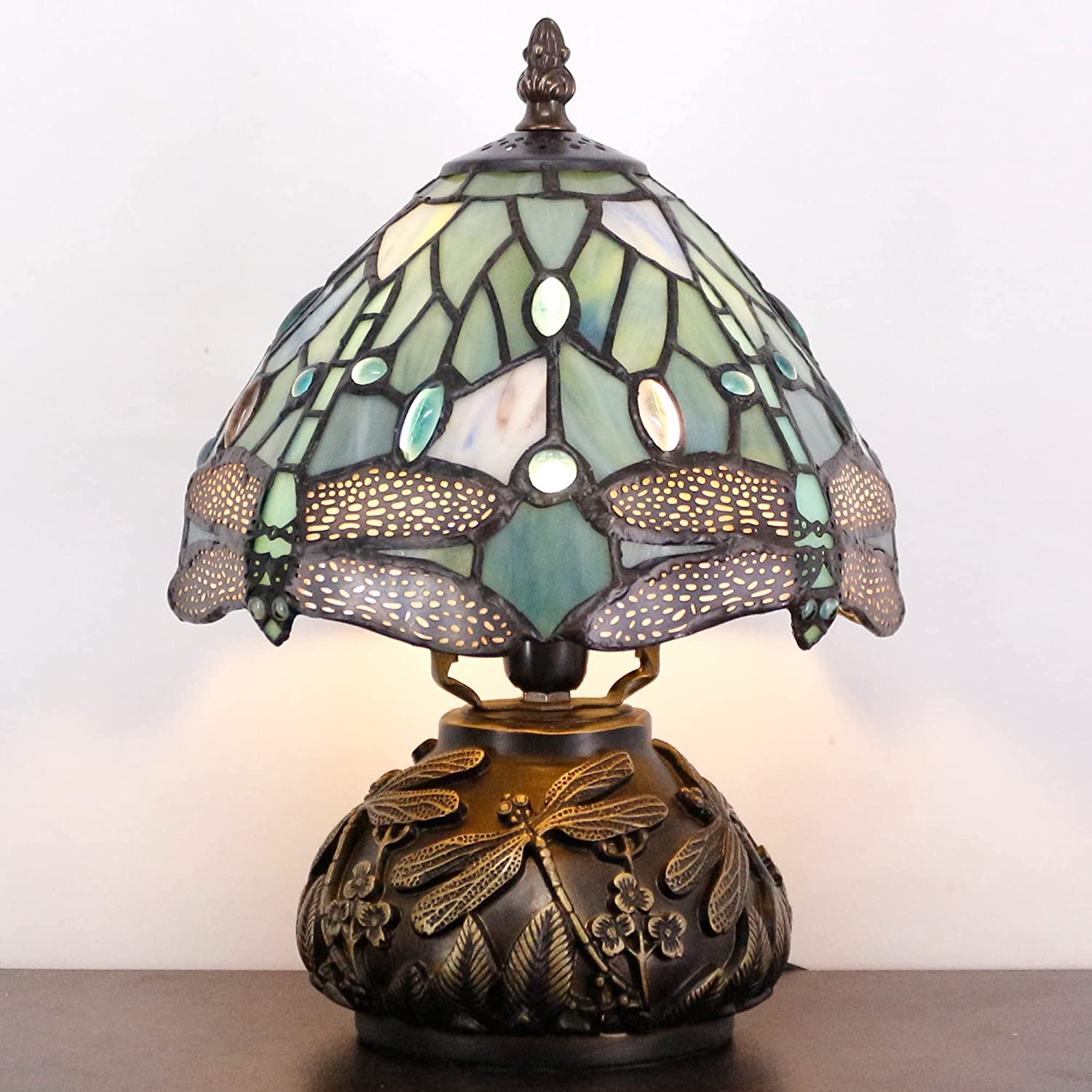 Werfactory® Rustic Tiffany Style Night Light with 8" Sea Blue Stained Glass Dragonfly Shade, 11"