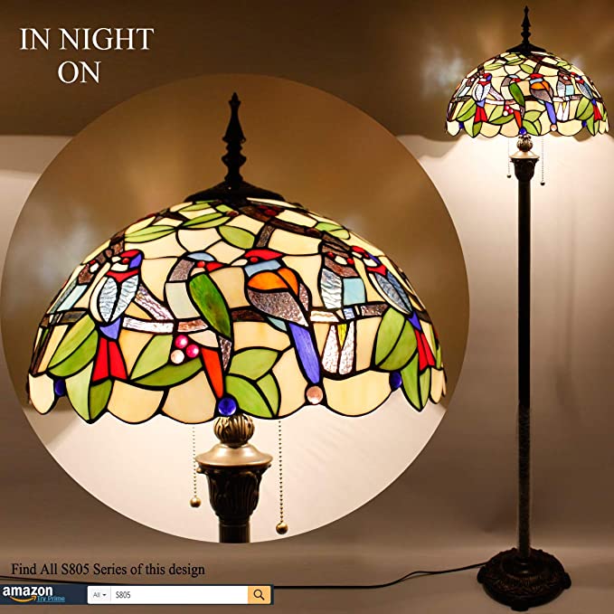 Tiffany Lampshade Replacement Werfactory® W16H7-inch Colorful Stained Glass Birds Style Shade