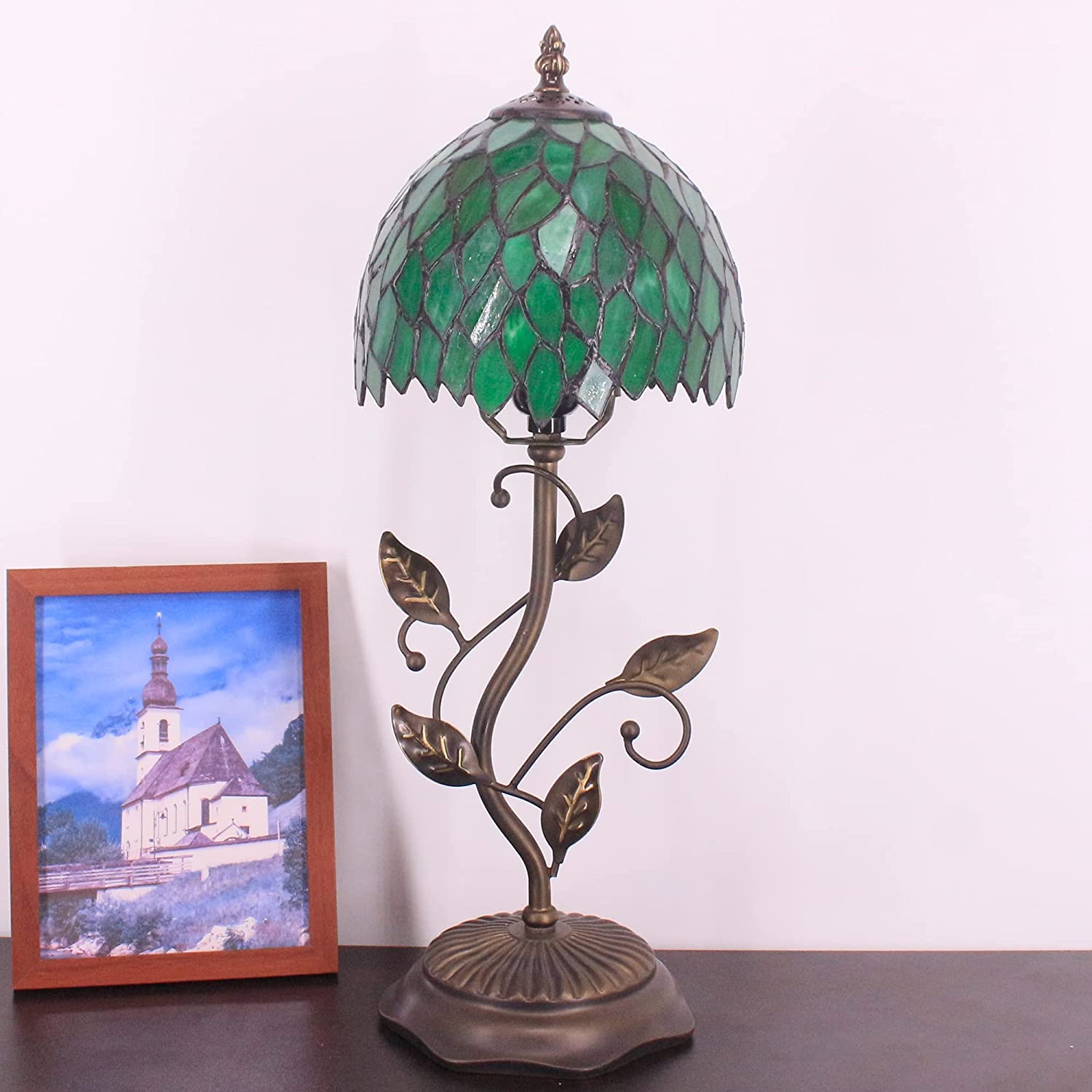 Werfactory® Tiffany Night Light Green Leaves Style Stained Glass Leaf Base Table Lamp