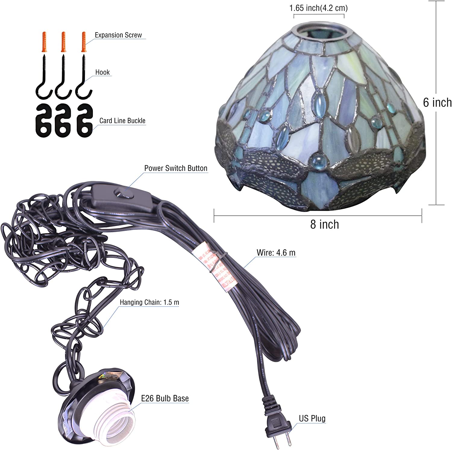 Werfactory® Tiffany Pendant Light Sea Blue Stained Glass Dragonfly Style Wide 8 Inch Hanging Lamp