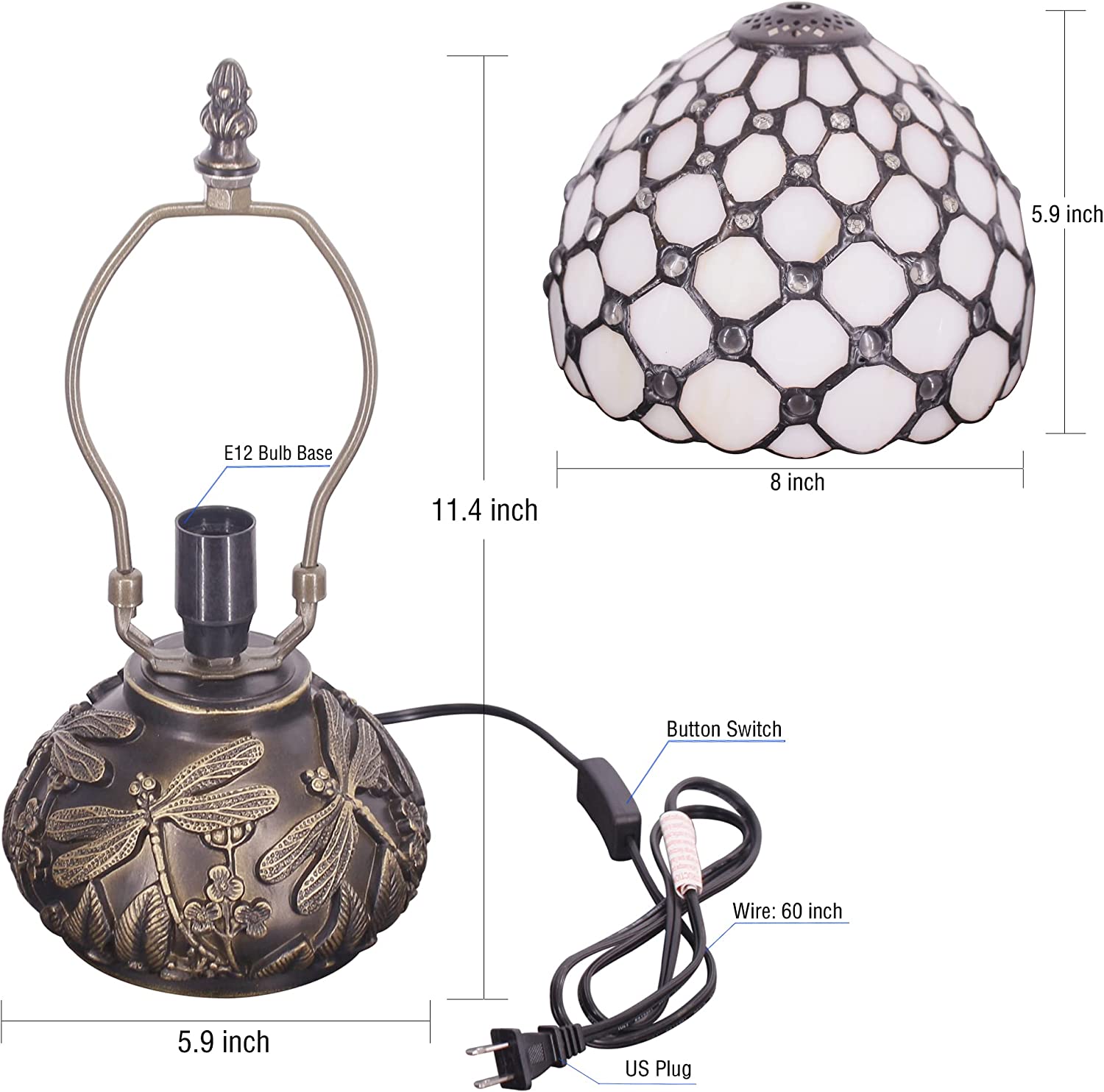 Werfactory® Small Tiffany Table Lamp with 8" White Stained Glass Crystal Bead Shade, 11" Tall
