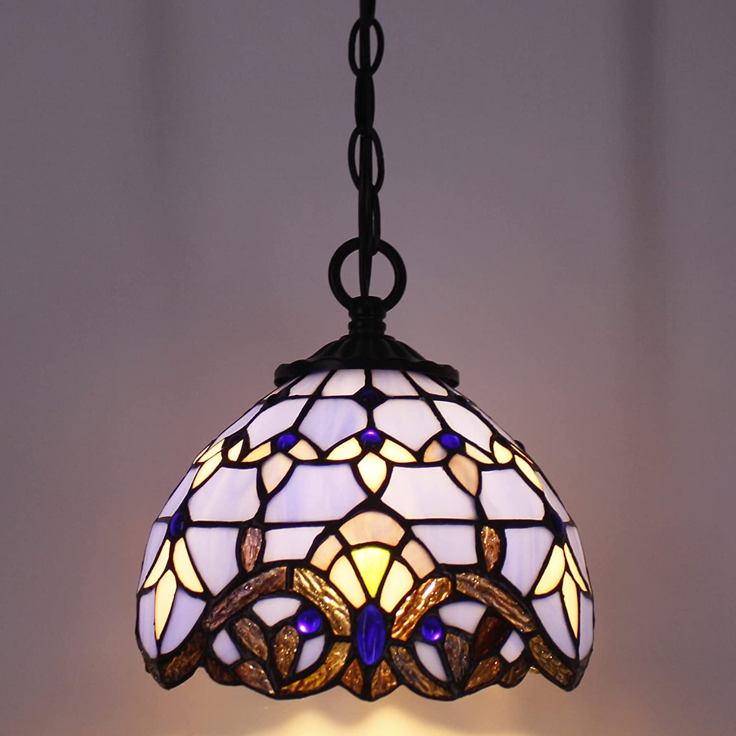 Werfactory® Tiffany Pendant Light with W8H7 Inch Baroque Stained Glass Hanging Lamp