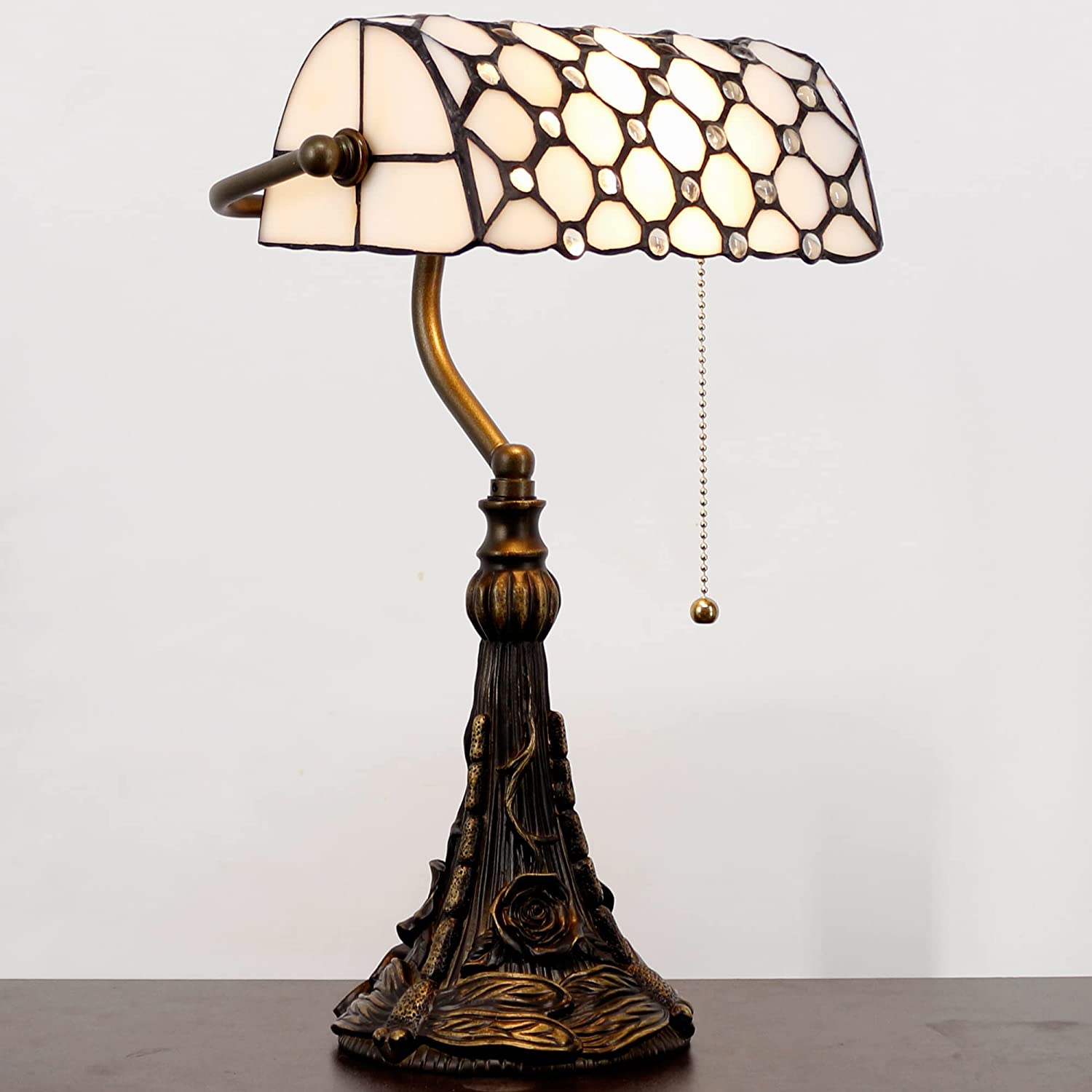 Werfactory® Banker Lamp Tiffany Desk Lamp White Crystal Bead Style Stained Glass Table Lamp