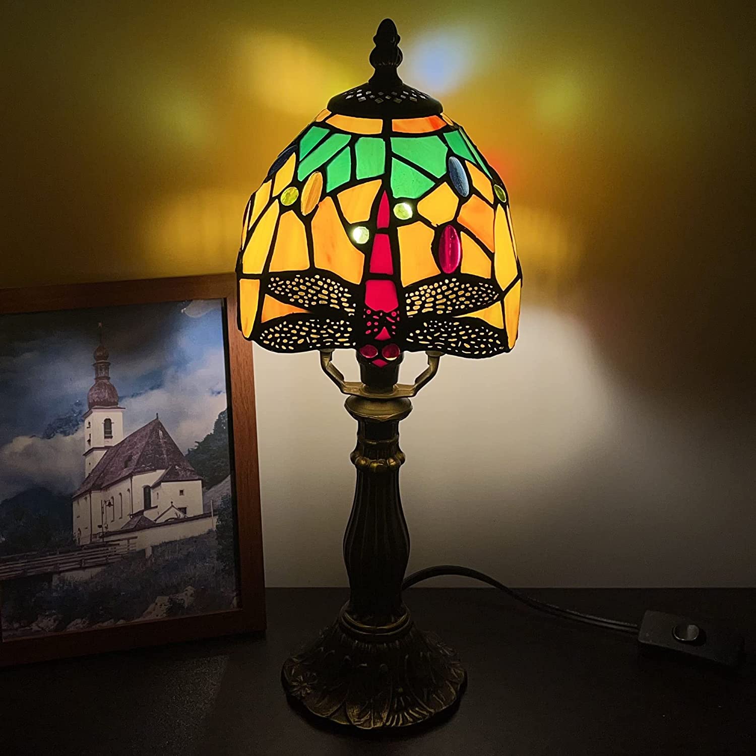 Werfactory® Small Tiffany Lamp Dragonfly Style Green Stained Glass Table Lamp, 14" Tall