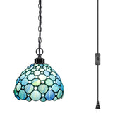 Werfactory® Tiffany Style Plug In Pendant Light Sea Blue Stained Glass Chandelier with 16.4 Ft Hanging Cord in Line On/Off Push Switch