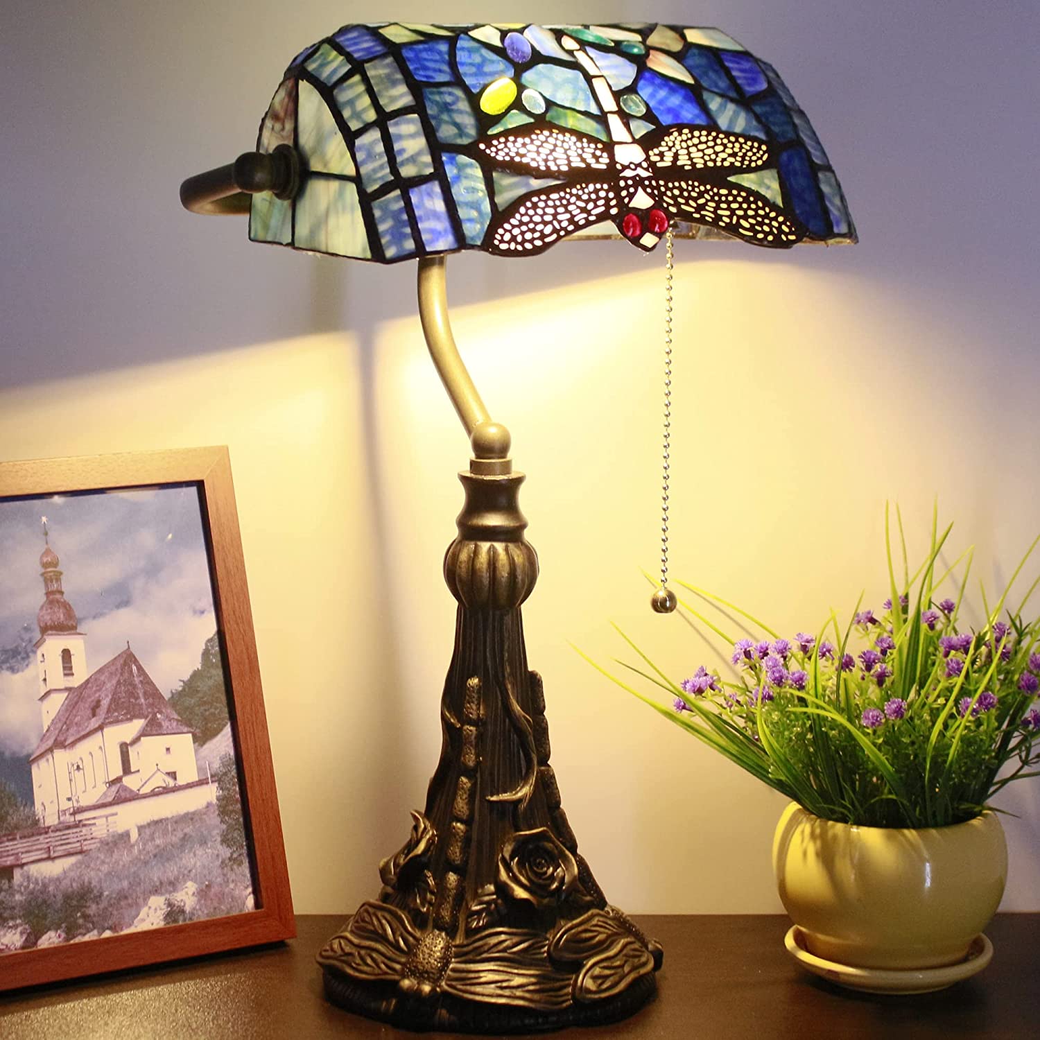 Werfactory® Banker Lamp Tiffany Desk Lamp Navy Blue Dragonfly Style Stained Glass Table Lamp 15" Tall