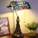 Werfactory® Banker Lamp Tiffany Desk Lamp Navy Blue Dragonfly Style Stained Glass Table Lamp 15" Tall