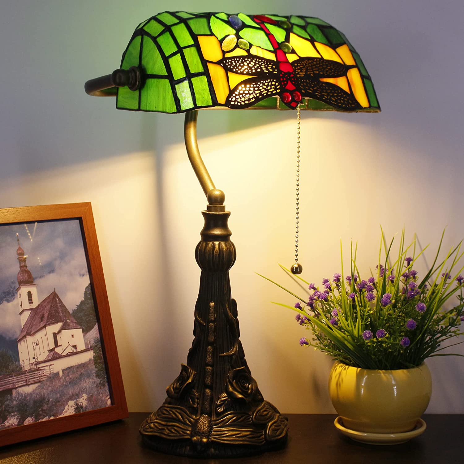 Werfactory® Banker Lamp Tiffany Desk Lamp Dragonfly Style Stained Glass Table Lamp, 15" Tall
