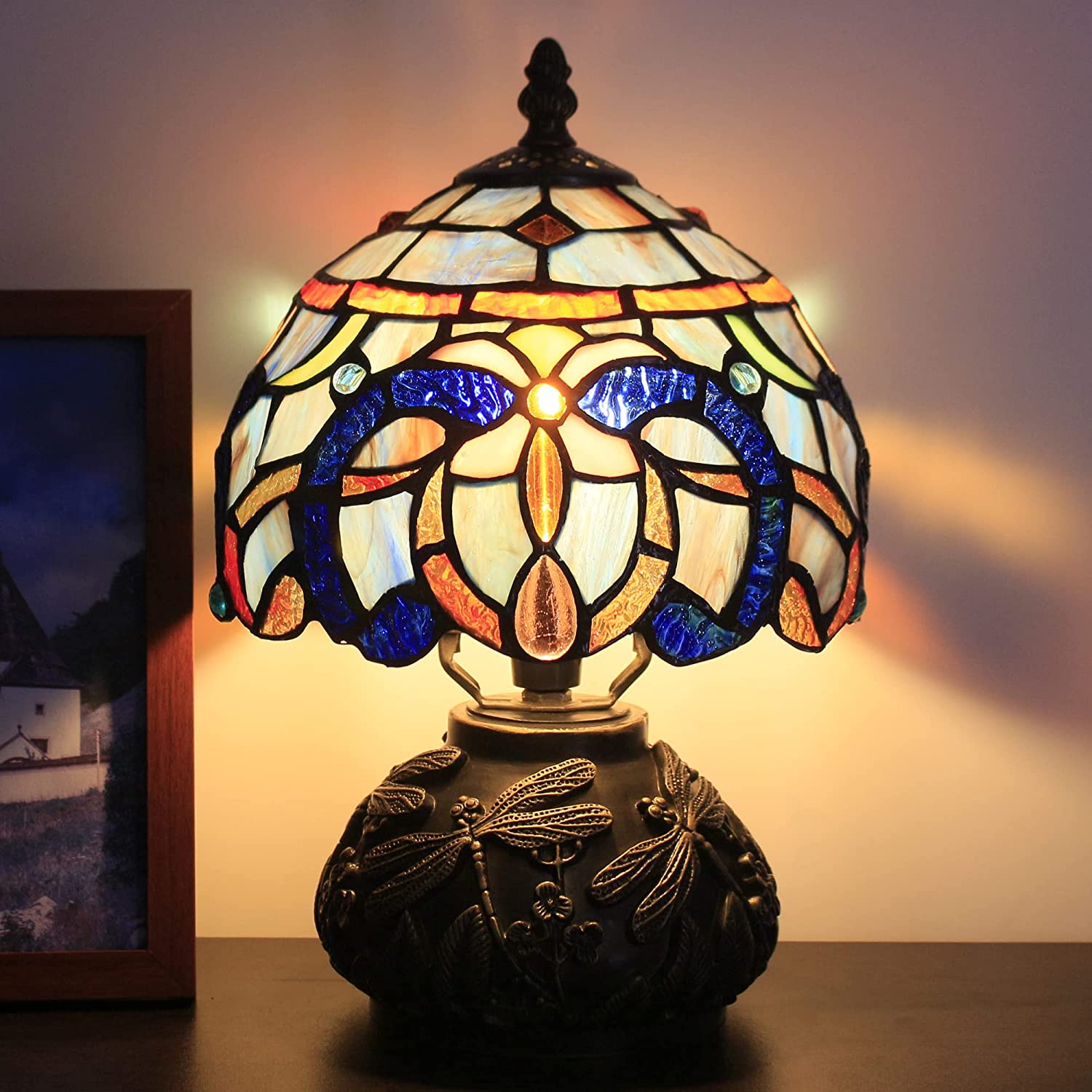 Werfactory® Small Tiffany Table Lamp with 8" Stained Glass Cloudy Style Shade, 11" Tall