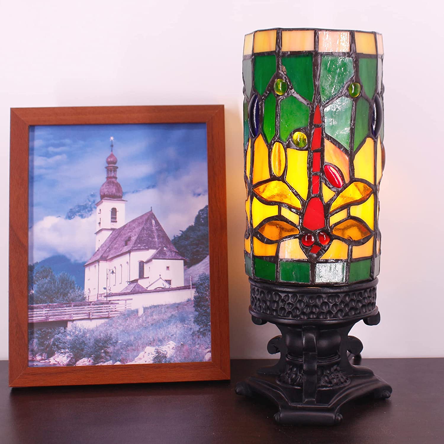 WERFACTORY Small Tiffany Lamp Wide 4 Tall 10 Inch Mini Stained Glass Table Lamp Cream Dragonfly Style Desk Night Light