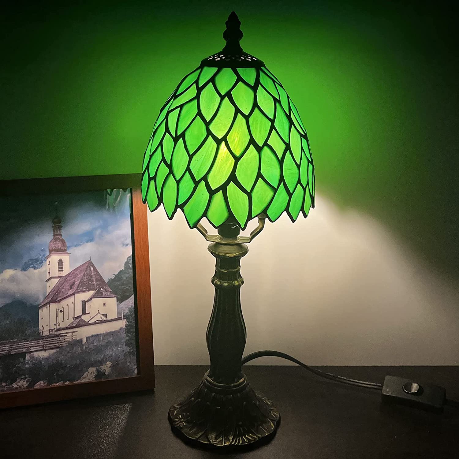 Werfactory® Small Tiffany Lamp Stained Glass Green Leaves Style Table Lamp 14" Tall