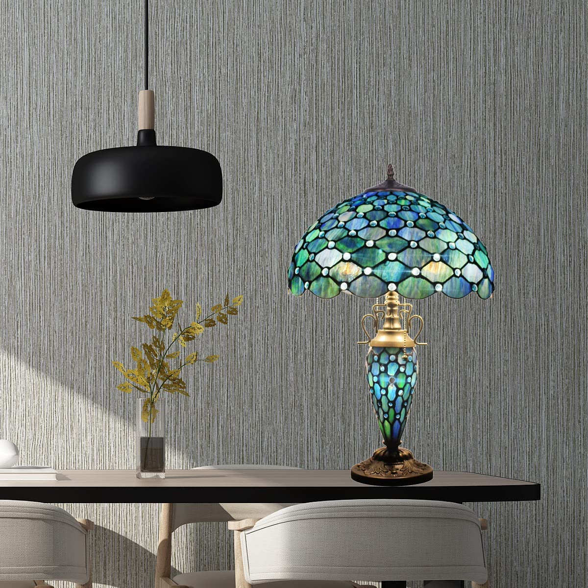 Werfactory® Tiffany Lamp W16H24 Inch Blue Stained Glass Mother Daughter Table Lamp