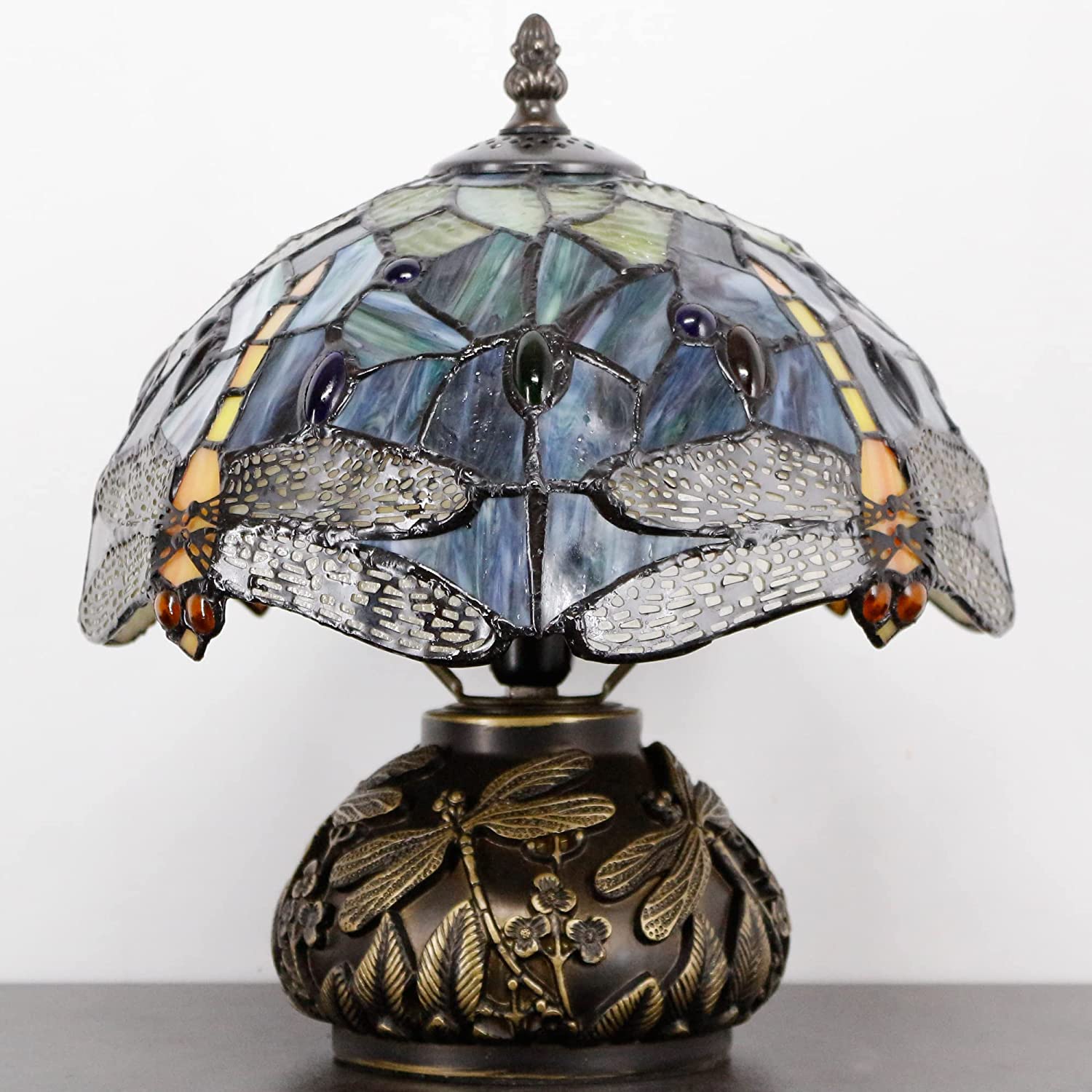 Werfactory® Tiffany Table Lamp Dragonfly Style Stained Glass Lamp with Mushroom Base