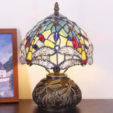 Werfactory® Small Tiffany Table Lamp with 8" Yellow Stained Glass Dragonfly Style Shade, 11" Tall Unique Rustic Bronze Mushroom Type Mini Bedside Lamp