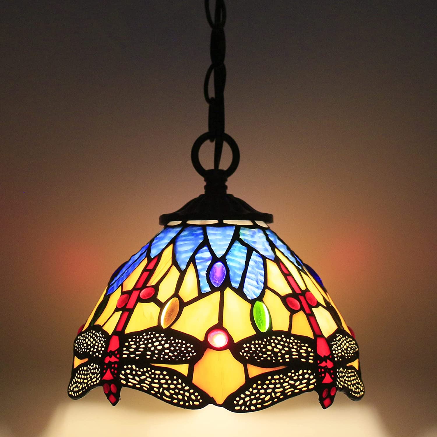 Werfactory® Tiffany Pendant Lighting Yellow Blue Stained Glass Dragonfly Hanging Lamp